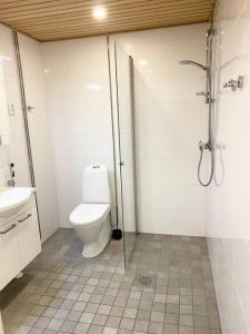 a bathroom with a toilet and a shower and a sink at PEURANIITTY-2 Modern well equipped apartment in Espoo