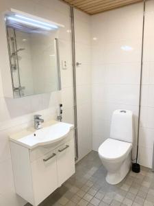 a white bathroom with a toilet and a sink at PEURANIITTY-2 Modern well equipped apartment in Espoo