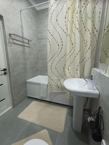 a bathroom with a sink and a toilet and a shower at Altyn Dala in Taldykolʼ