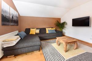 a living room with a couch and a tv at Ferienwohnung Frömlig in Silbertal