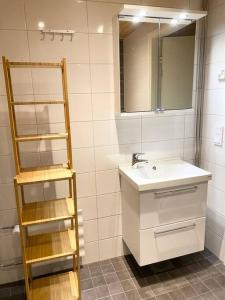 a bathroom with a ladder and a sink and a mirror at VUOSAARI-2 Pure luxury for 100 m2 in Vuosaari in Helsinki