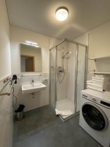 a bathroom with a shower and a washing machine at Haus Albuin in Sankt Gallenkirch
