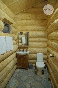 Un baño con inodoro y lavabo en una cabaña de madera. en Cabana Alaska, en Ranca