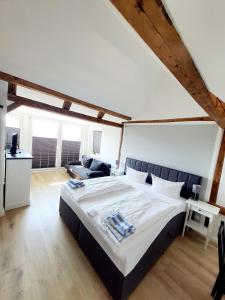 a bedroom with a large bed and a couch at Pension Apostel in Wismar
