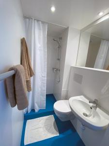 ein Badezimmer mit einem weißen WC und einem Waschbecken in der Unterkunft Auberge des Plaines - Appartements avec terrasse in Arles
