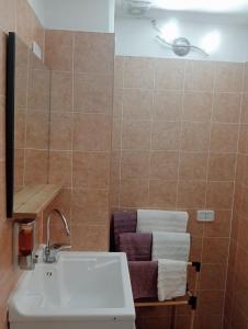 ein Badezimmer mit einem Waschbecken, einem Spiegel und Handtüchern in der Unterkunft Casa vacanze da CLARA in Castrovillari