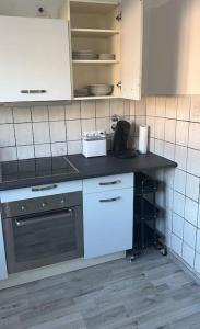 uma cozinha com um fogão e uma bancada em Theox Apartment No 8 - 90qm mit 2 Schlafzimmern und 5 Betten em Duisburgo