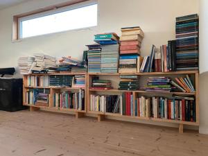 una pila de libros en estanterías de madera en una habitación en I tre schen en Calasetta