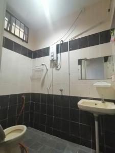 ein Bad mit einer Dusche, einem WC und einem Waschbecken in der Unterkunft Promenade Homestay 2 in Kampong Sura Masjid