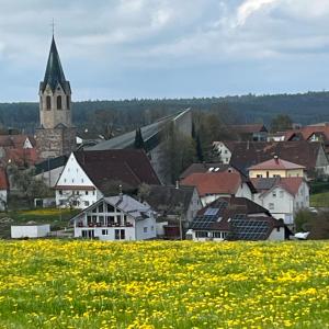 a town with a field of yellow flowers and a church at Braustube Wehle in Dunningen