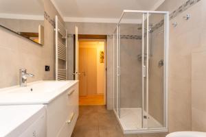 ein Bad mit einer Dusche und einem Waschbecken in der Unterkunft Villa Catia in Moena