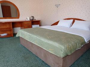 1 dormitorio con 1 cama grande y espejo en Volyn, en Volodímir-Volinski