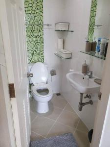 La salle de bains est pourvue de toilettes et d'un lavabo. dans l'établissement 2 Bedroom Apartment only 10 min from Patong beach, à Kathu