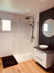 ein Bad mit einer Dusche, einem Waschbecken und einem Spiegel in der Unterkunft Villa Alba 