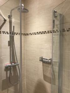 a shower with a glass door in a bathroom at Buchenheim Apartments in Reifnitz