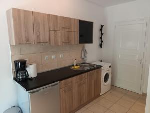 a kitchen with a sink and a washing machine at Palm Beach Apartment Peraia in Perea