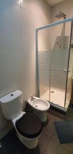La salle de bains est pourvue de toilettes, d'un lavabo et d'une douche. dans l'établissement A Better Place by Lisbon II, à Lisbonne