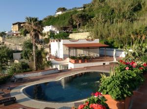 a swimming pool in front of a house with flowers at Villa la Dimora di Zoè in Forio d'Ischia