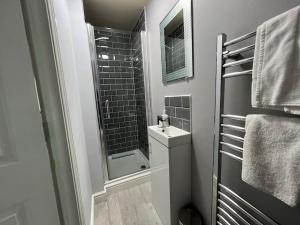 La salle de bains est pourvue d'une douche et d'un lavabo. dans l'établissement Three Bed Townhouse with Parking, à Telford