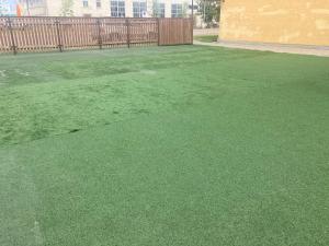 un patio con césped verde y una valla de madera en Viesu Nams Dzirkaļi, en Ventspils