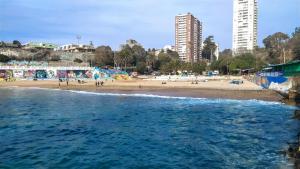 Valparaiso Primera Linea في فالبارايسو: شاطئ فيه ناس على الرمال والمباني