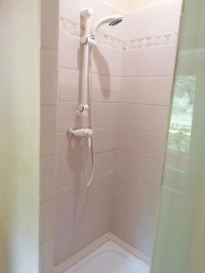 y baño con ducha y puerta de cristal. en Domaine Moulin de Boiscorde 1h45 Paris en Rémalard