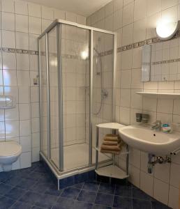 ein Bad mit einer Dusche und einem Waschbecken in der Unterkunft Ferienwohnung Halder in Neustift im Stubaital