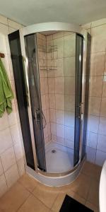 eine Dusche mit Glastür im Bad in der Unterkunft Zielone Zacisze Zwola in Zwola Stara