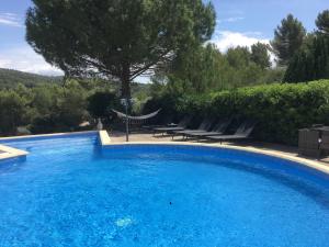 a large blue swimming pool with chairs and a tree at La Villa du Menhir Gîte in Bize-Minervois