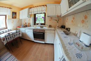 a kitchen with white cabinets and a counter top at Casa Ciobanca in Vadul lui Carol II