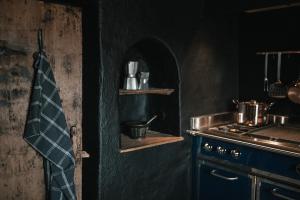 uma cozinha com um fogão e uma bancada em Felder Alpin Lodge em Villandro