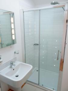 a bathroom with a glass shower and a sink at Luxury detached annexe in Kingsbridge with estuary walk to great pub & parking in Kingsbridge