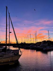 een groep boten aangemeerd in een jachthaven bij zonsondergang bij Studio La Flânerie in Cap d'Agde