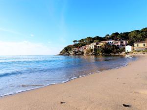 una playa de arena con casas en una colina junto al océano en Casa Meli - ArgonautiVacanze, en Portoferraio