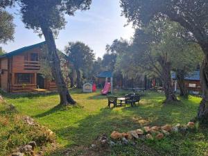 une cabane en rondins avec une table de pique-nique dans l'herbe dans l'établissement Olive & sea, Luxury two bedrooms cabin for 8, à Ulcinj