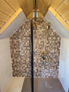 eine Dusche in einem Zimmer mit Ziegelwand in der Unterkunft Le kota des 3 tilleuls in Dampierre-sur-Salon