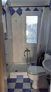 a bathroom with a toilet and a window and a tub at Βlueview in Ermioni