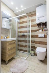 a bathroom with a shower and a toilet at Apartment FiVe Visoko in Visoko