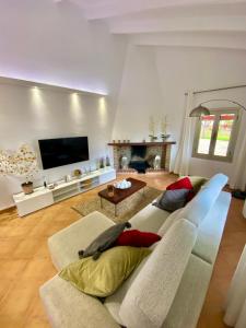 a living room with a couch and a tv at Finca Amer in Sa Pobla