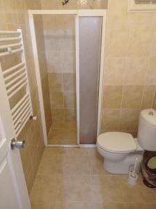 een badkamer met een douche en een toilet. bij goldwinn turizm in Trabzon