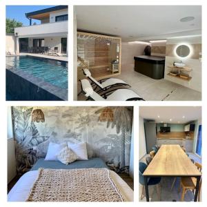 a collage of pictures of a bedroom and a pool at Villa privée 230m2/ Piscine débordement/Billard-Babyfoot-Boulodrome-Flipper/Strasbourg in Dettwiller