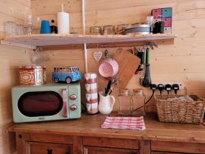 un microondas sobre una mesa de madera en Tan y coed's Rosemary Cabin en Conwy