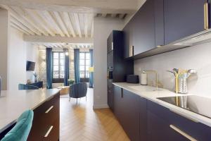 a kitchen with a sink and a counter top at Le petit Piron in Dijon +17 photos