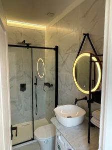 ein Bad mit einer Dusche, einem Waschbecken und einem WC in der Unterkunft Maison avec jardin, vue mer aux portes de Monaco in Beausoleil