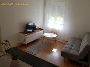 a living room with a couch and a tv at Rosemary apartment in Izola