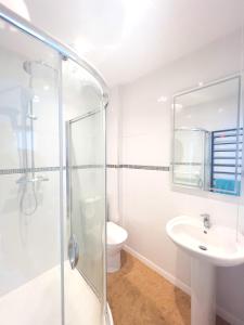 a bathroom with a shower and a sink and a toilet at Aqua Cottage in Combe Martin