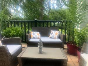 een patio met een tafel, stoelen en planten bij Résidence de standing in Bayonne