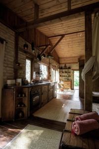 a kitchen in a log cabin with a stove at Naphegy vendégház in Zebegény