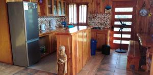 Cabañas los Pinos في فيلاريكا: مطبخ بدولاب خشبي وثلاجة