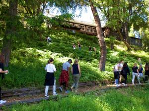 un grupo de personas de pie en las vías del tren en The Land - Luxury Retreat Center In Beautiful Nature - Bay Area Northern California, en Philo